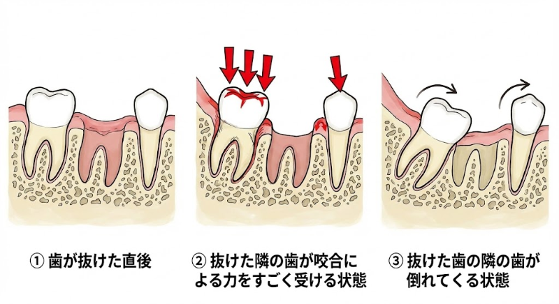 抜けた歯の隣の歯が倒れてくる様子