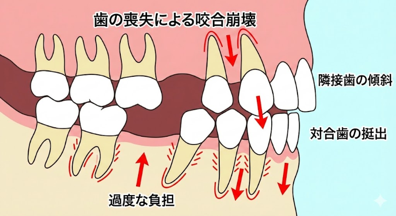 歯を失ったことによってほかの歯の負担が大きくなっている様子