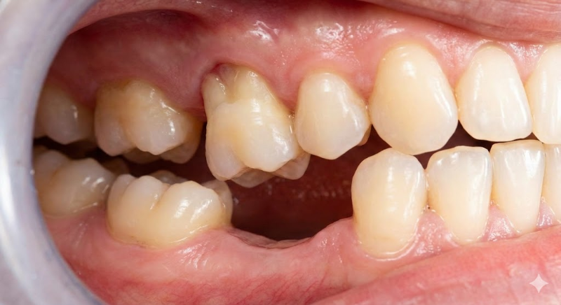 抜けた歯とかみ合っていた反対の顎に生えている歯が伸びてきている